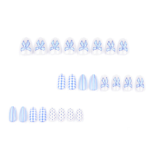 Handmade Blue Checkerboard Press-on Nails with 3D Bows