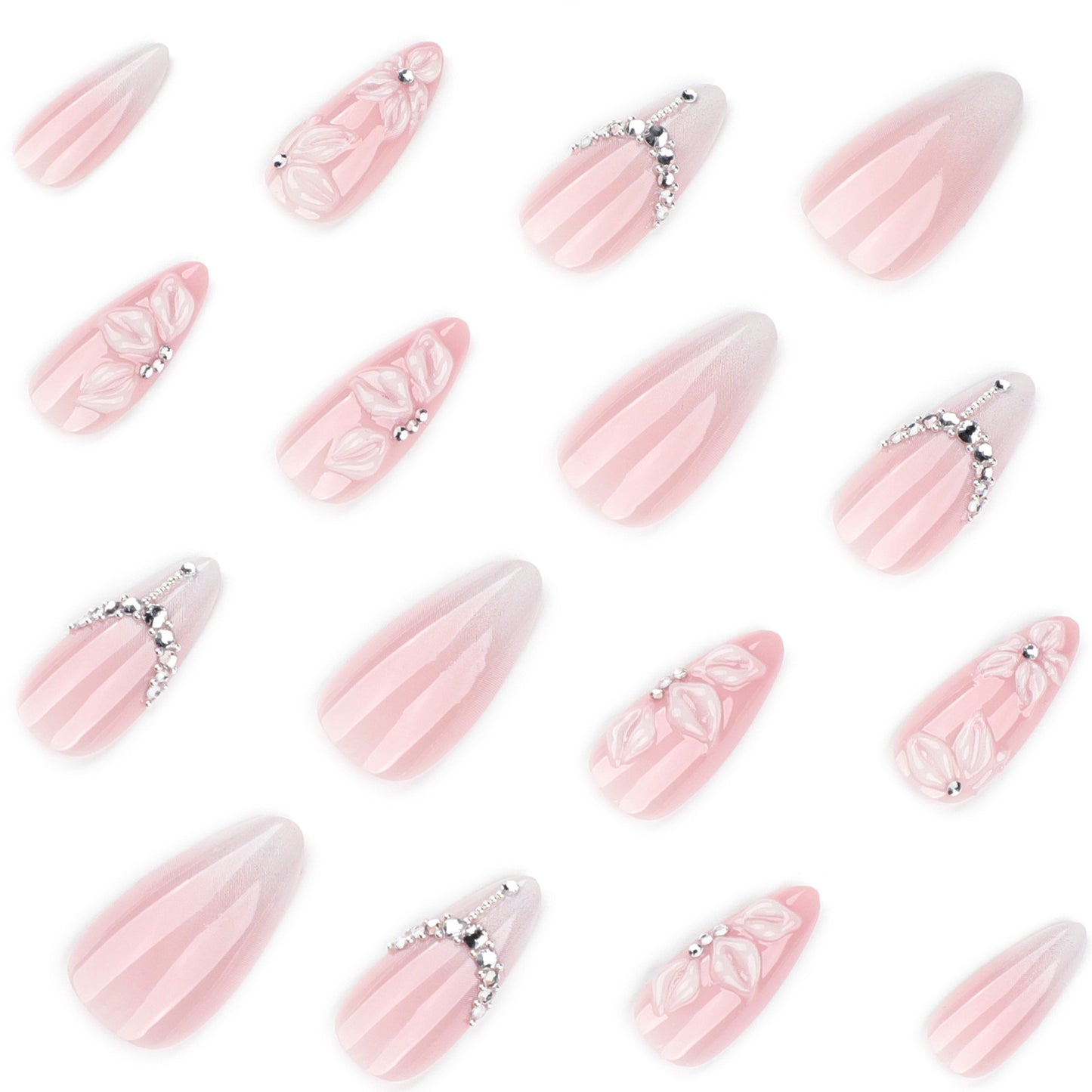 White Gradient French Nails with 3D Floral Design