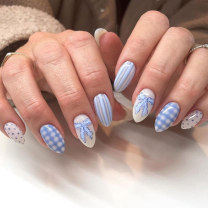 Handmade Blue Checkerboard Press-on Nails with 3D Bows