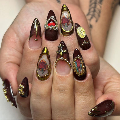 Handmade 3D Embossed Heart Gemstone Press-on Nails