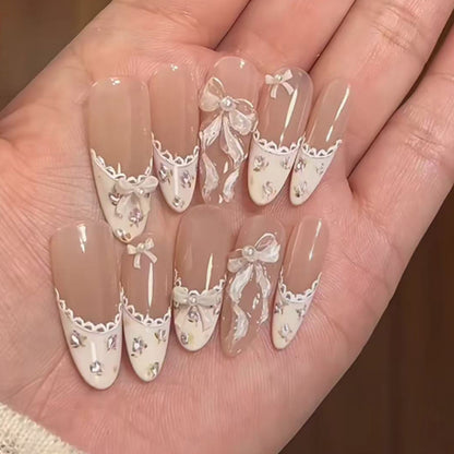 Handmade French Tip Press-on Nails with 3D Ribbon Bows