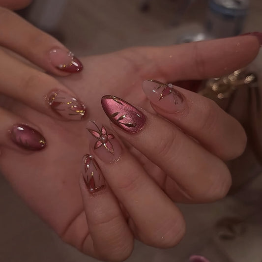 Leaf and Flower Cat Eye Nail Art