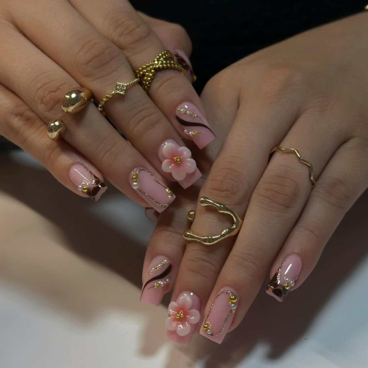 Classic French Manicure with Amber Tortoise & Webbing