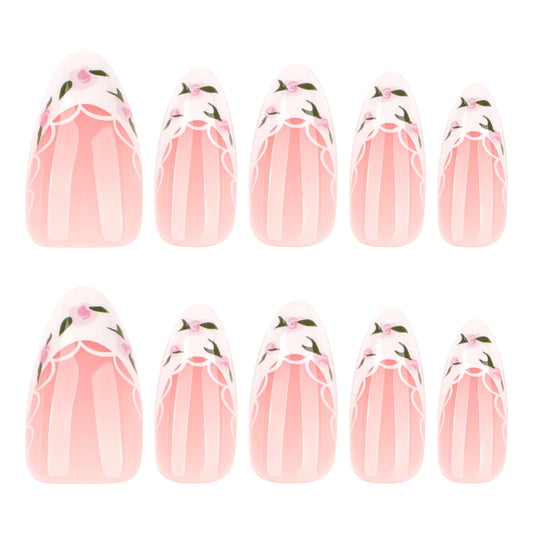 Handmade White French Tip Floral Press-on Nails