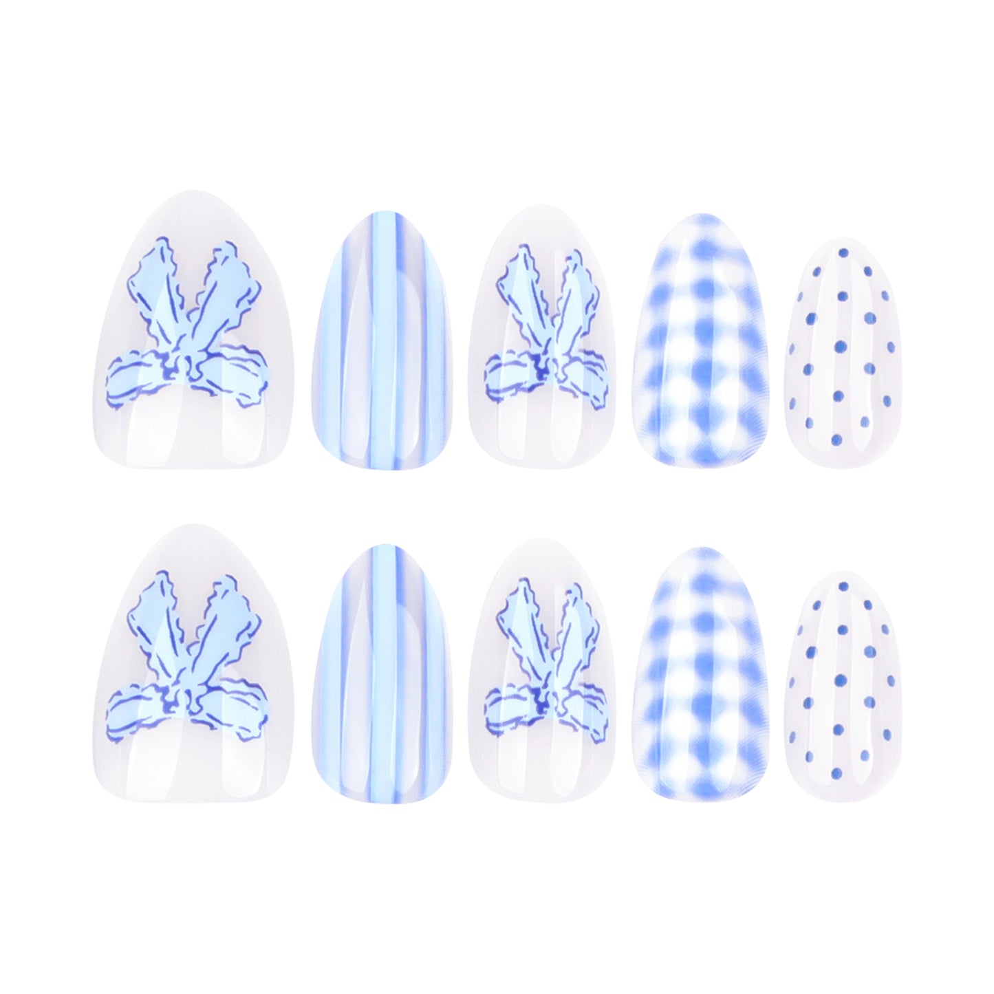 Handmade Blue Checkerboard Press-on Nails with 3D Bows