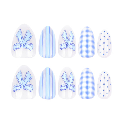 Handmade Blue Checkerboard Press-on Nails with 3D Bows