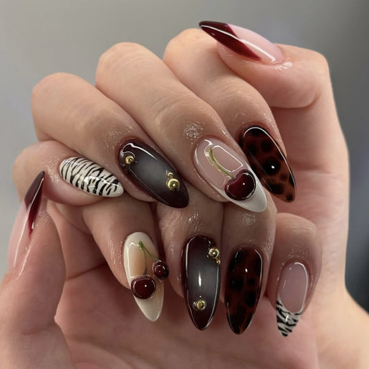 Black & White Zebra Print 3D Cherry Nails