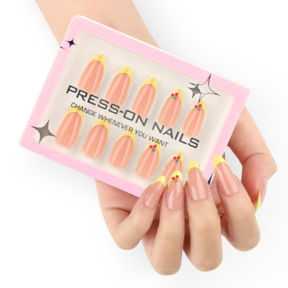 3D Cherry Yellow French Press-On Nails