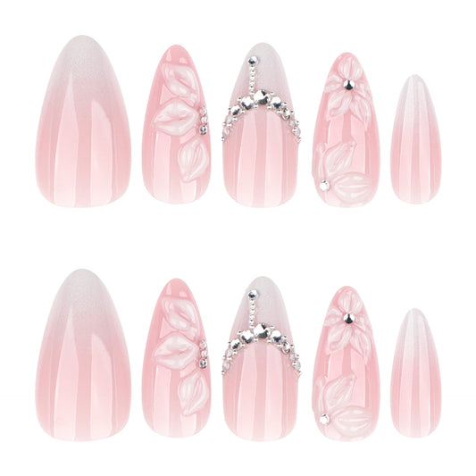 White Gradient French Nails with 3D Floral Design