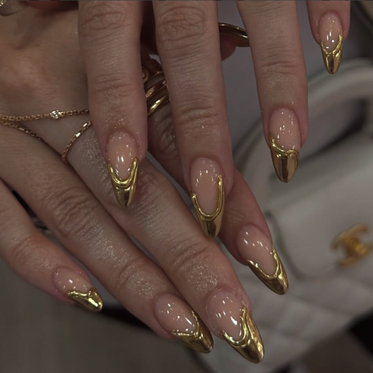 3D French Gold Tip Nails